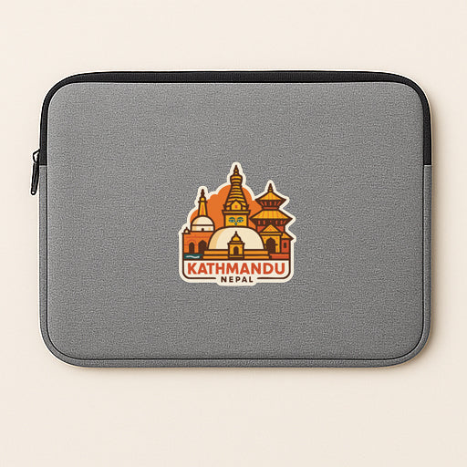 A gray laptop sleeve with a graphic of the Kathmandu, Nepal, temple, and dome.