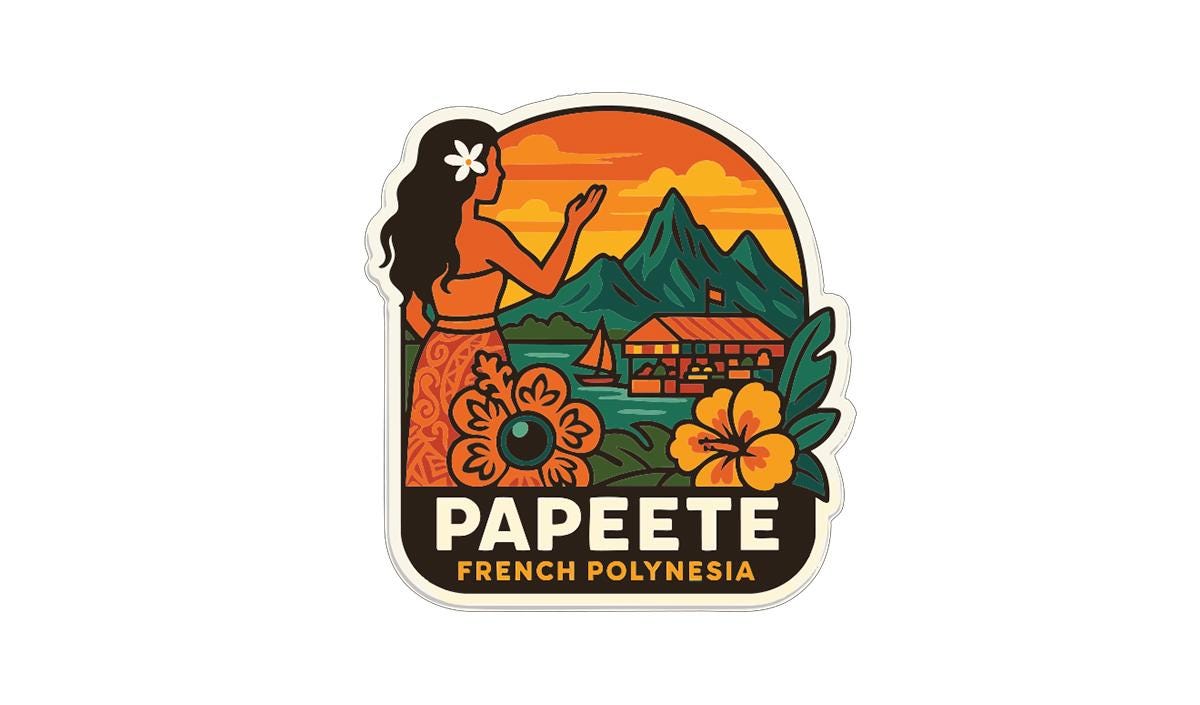 A sticker depicting a hula girl with a flower in her hair, surrounded by tropical elements such as a sunset, mountains, and a building.