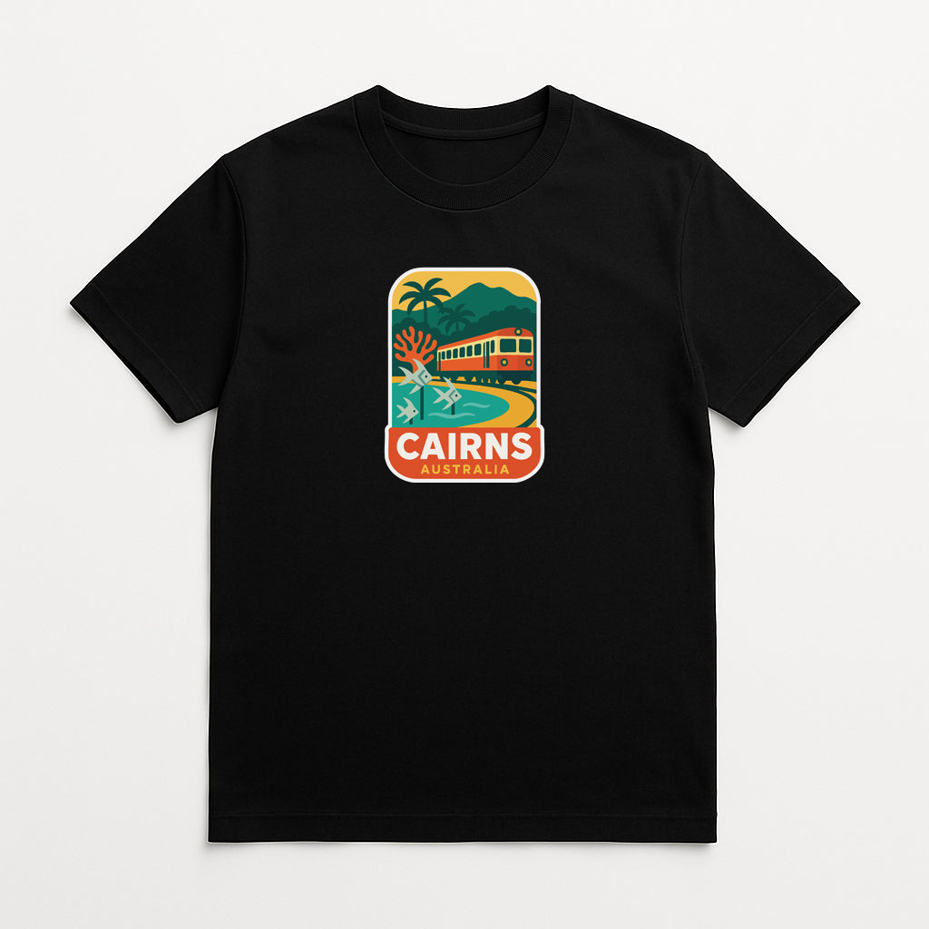 A black t-shirt with a graphic design depicting a tropical landscape with palm trees, a train, and mountains.