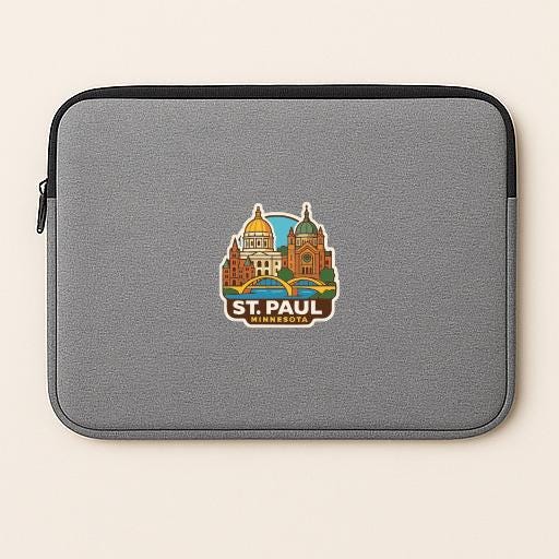 A gray laptop sleeve with a sticker of St. Paul, Minnesota, printed on it.