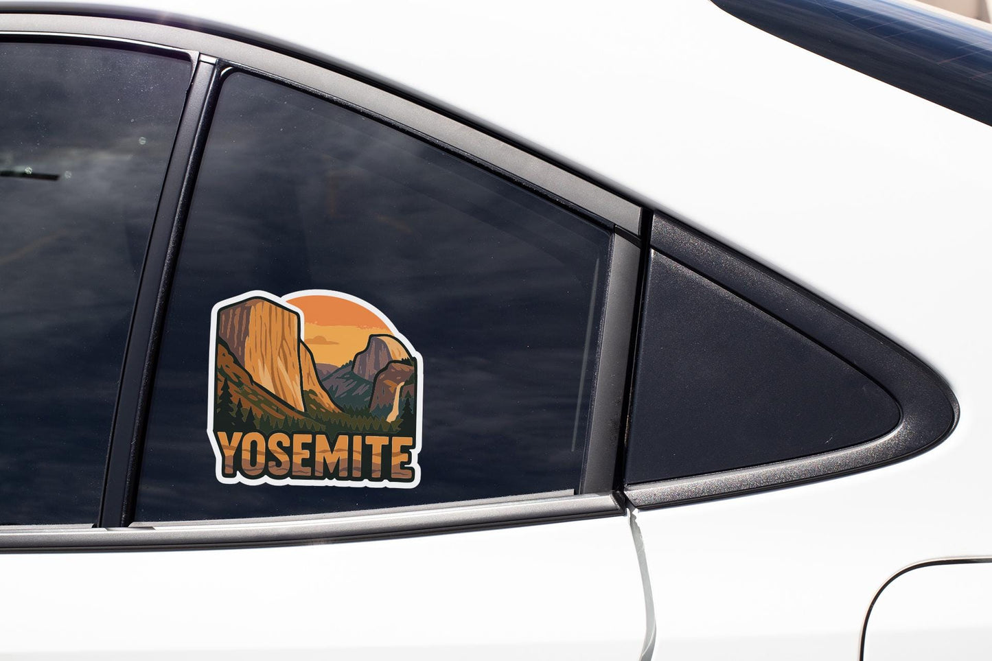 A sticker on the side of a car window that says "YOSEMITE".