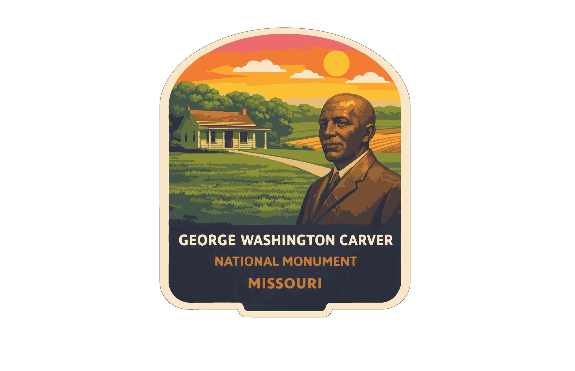 a portrait of a man in a suit, with a rural landscape in the background, including a house and a field. The text below the portrait identifies the location as the National Monument in Missouri.