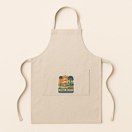 A beige apricot with a graphic design on the front pocket, featuring a beach scene with palm trees and a lighthouse.