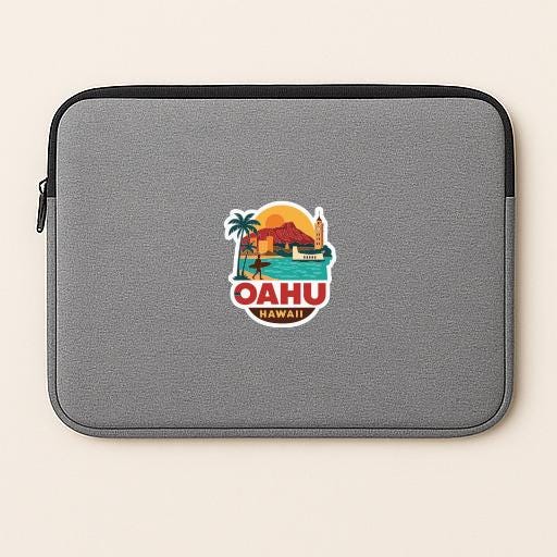 A gray laptop sleeve with a sticker depicting a tropical beach scene and the text "Oahu Hawaii".