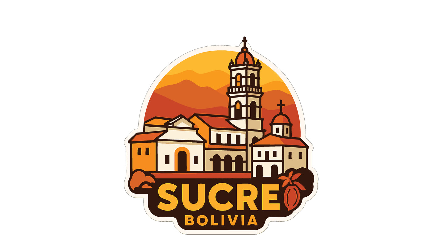 a stylized illustration of a town or city with a church or cathedral, set against a sunset or sunrise background.