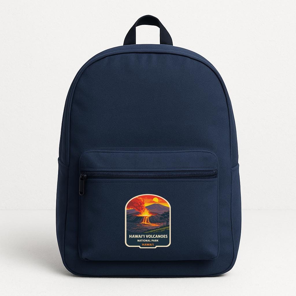 A navy blue backpack with a graphic of a Hawaiian volcano on the front pocket.