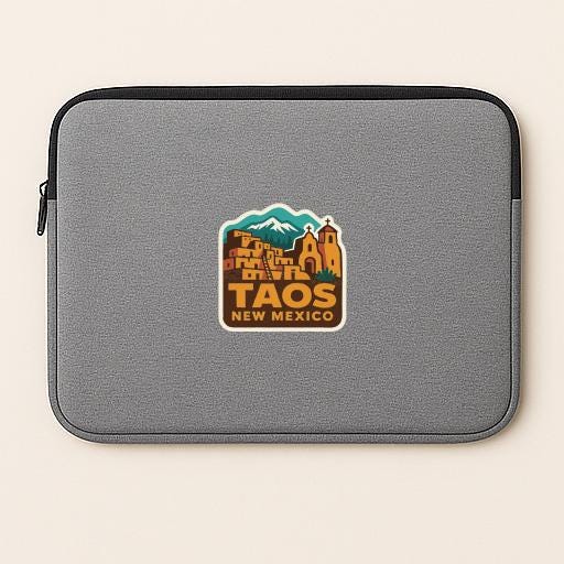 A gray laptop sleeve with a sticker depicting a cityscape and mountains, along with the text "Taos New Mexico".