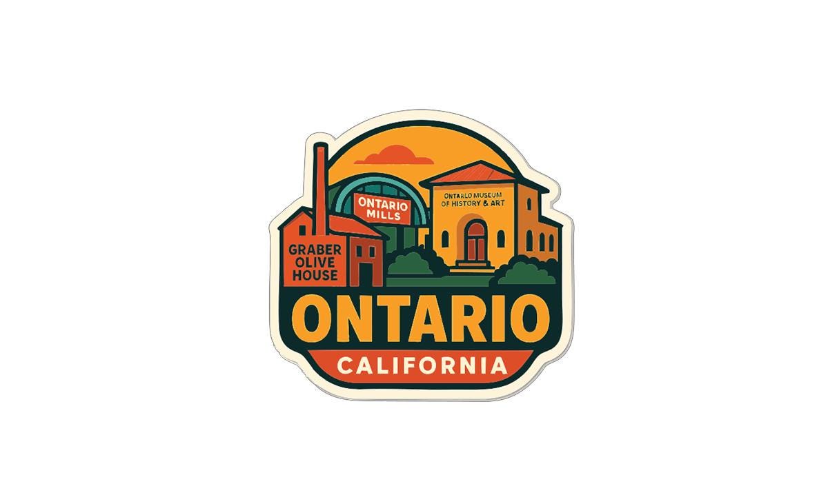 a colorful sticker or emblem with the text "ONTARIO CALIFORNIA" prominently displayed.