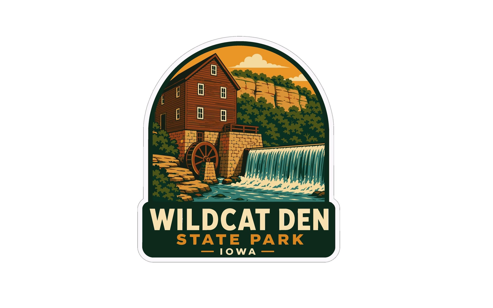 A sticker depicting a wooden building with a watermill, surrounded by a waterfall and a forested landscape, with the text "WILDCAT DEN STATE PARK - IOWA" prominently displayed.