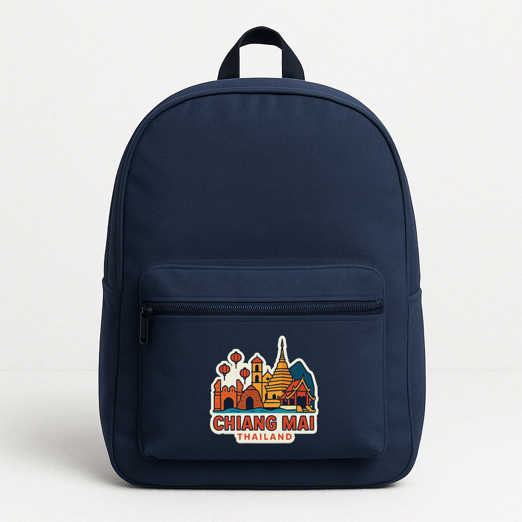 A navy blue backpack with a graphic of a temple and the text "CHIANS MAI THAILAND" printed on it.