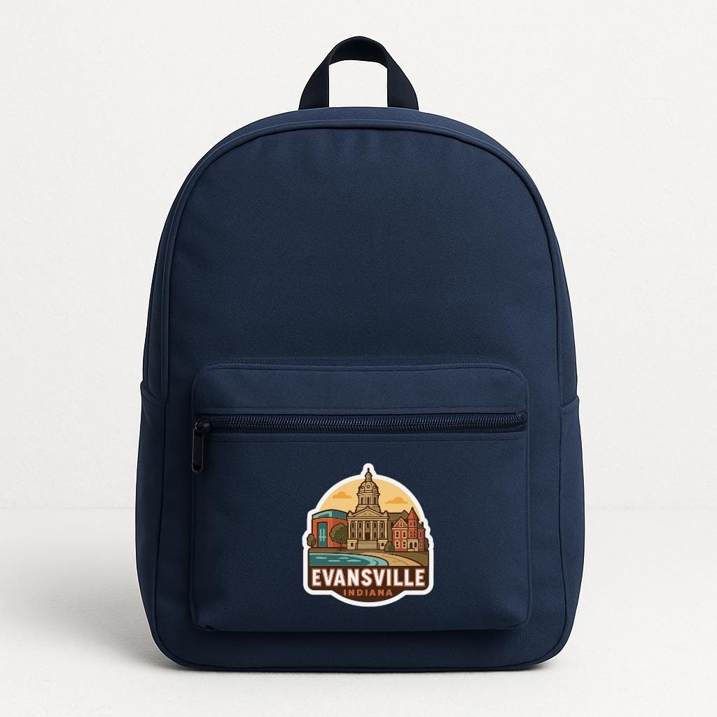A navy blue backpack with a sticker on the front that says "EVANSVILLE, IN."