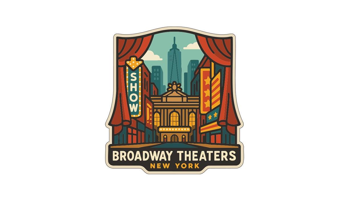 a colorful illustration of the Broadway theaters in New York, with the theater's name prominently displayed.