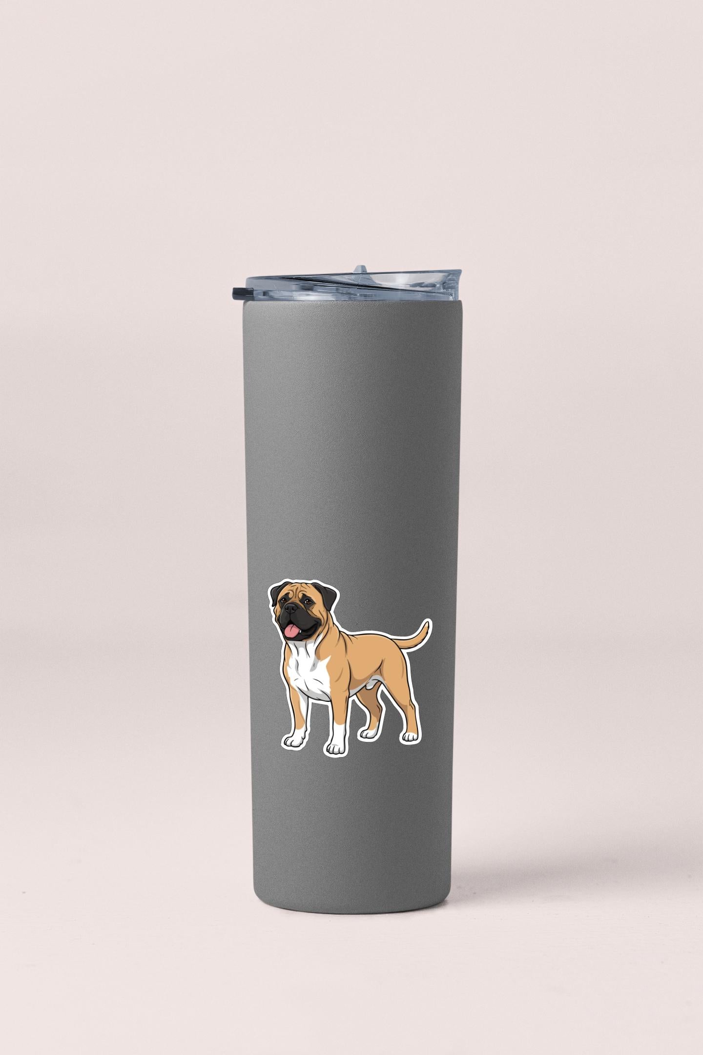 A gray insulated tumbler with a sticker of a cartoon dog on it.