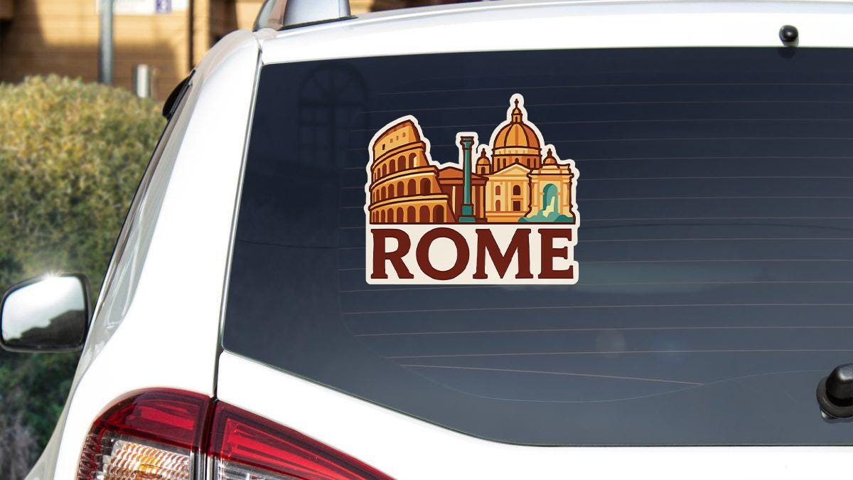 a sticker on the back of a car that says rome