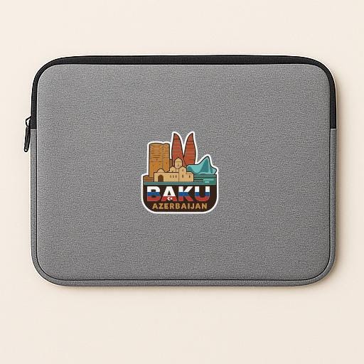 a gray laptop sleeve with a sticker of the city of Baku, Azerbaijan.