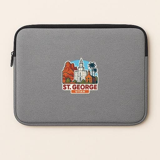 A gray laptop sleeve with a graphic design depicting the St. George University campus in Utah.