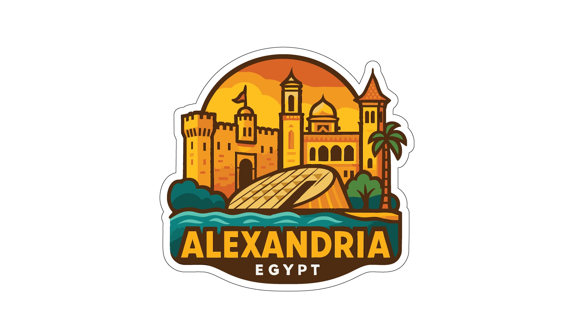 a stylized illustration of a cityscape with a castle, palm trees, and a body of water, representing the city of Alexandria, Egypt.