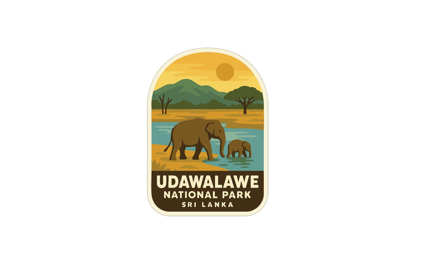 a logo for the Udawalawe National Park in Sri Lanka, depicting an elephant and a baby elephant in a natural landscape with a lake and mountains in the background.