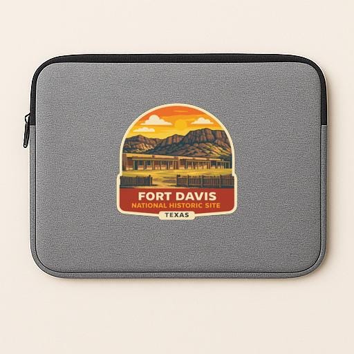 a gray laptop sleeve with a graphic design depicting a scenic landscape with mountains and a sunset.