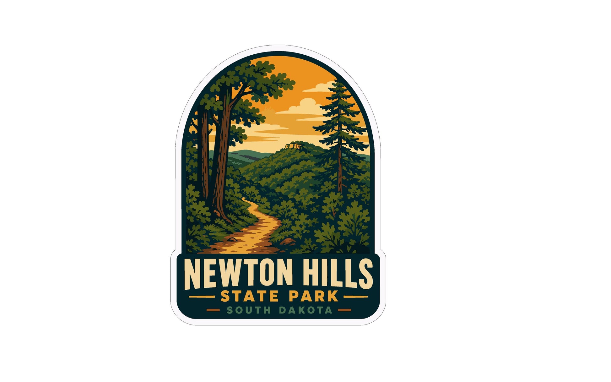 a sticker or emblem with a scenic landscape depicting a winding path through a forested area with trees and hills in the background.