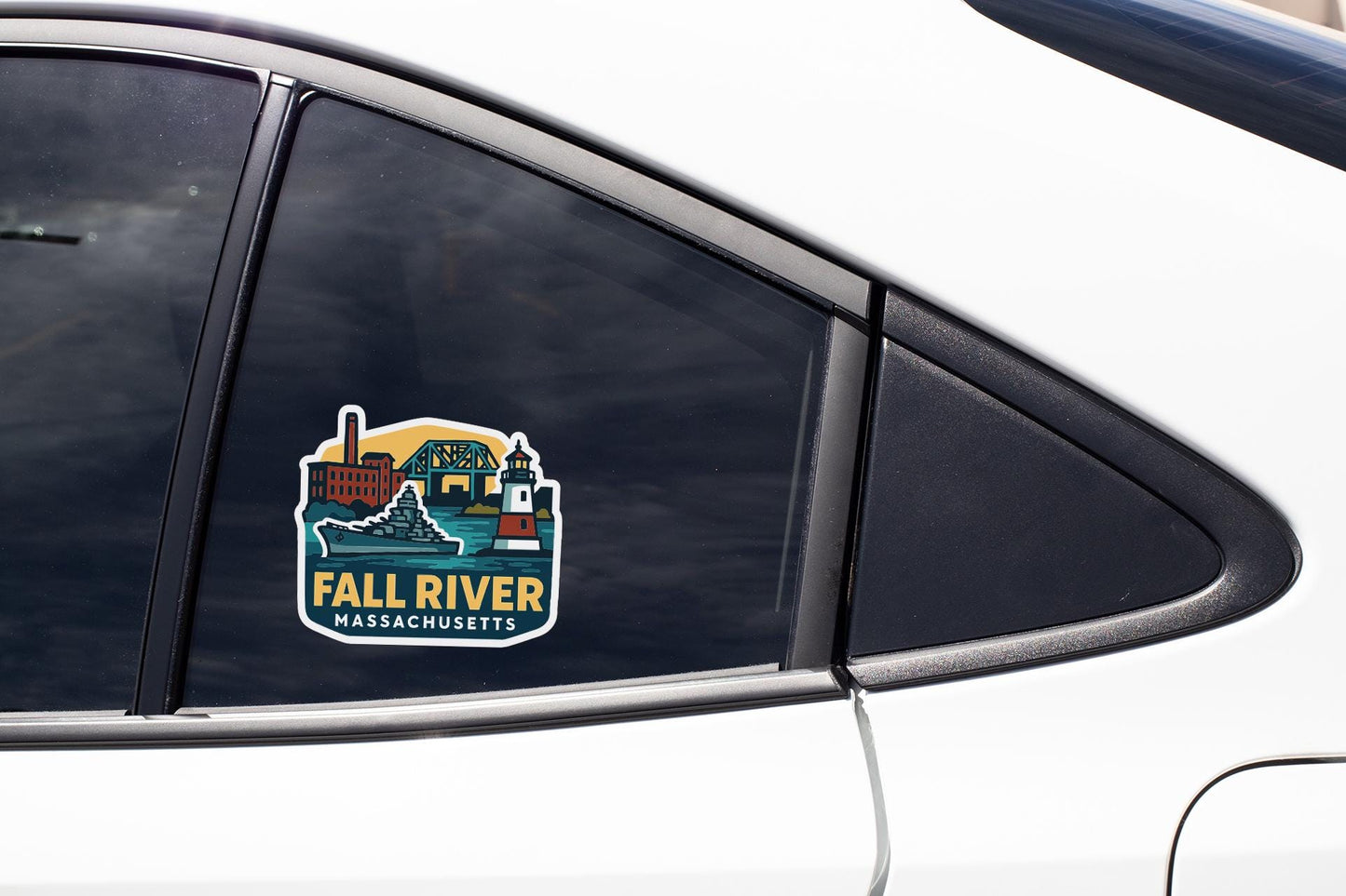A sticker on the side of a car window, depicting a scenic view of the Fall River, Massachusetts.