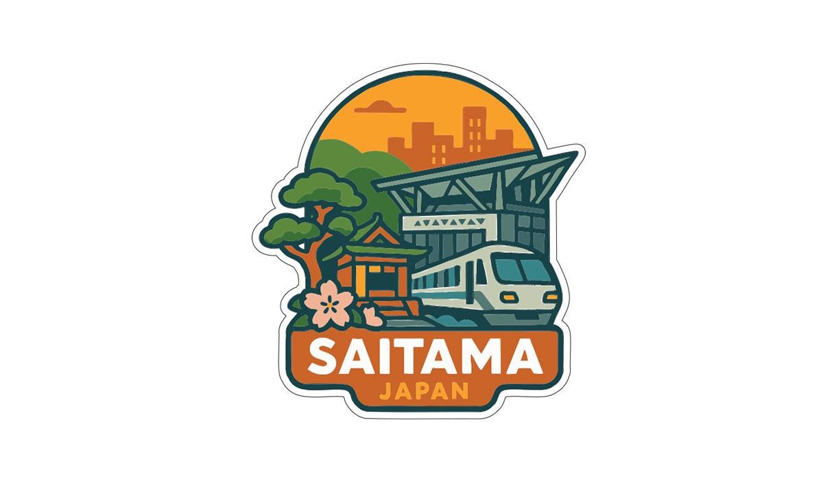 a sticker or emblem with various elements representing Saitama, Japan. It includes a train, a temple, and a city skyline in the background. The text "Saitama Japan" is prominently displayed, indicating the location or theme of the image.