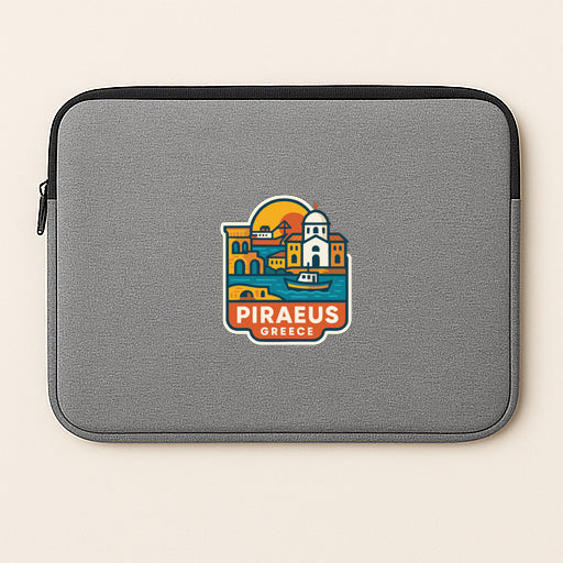 A gray laptop sleeve with a colorful logo of Piraeus Greece on it.