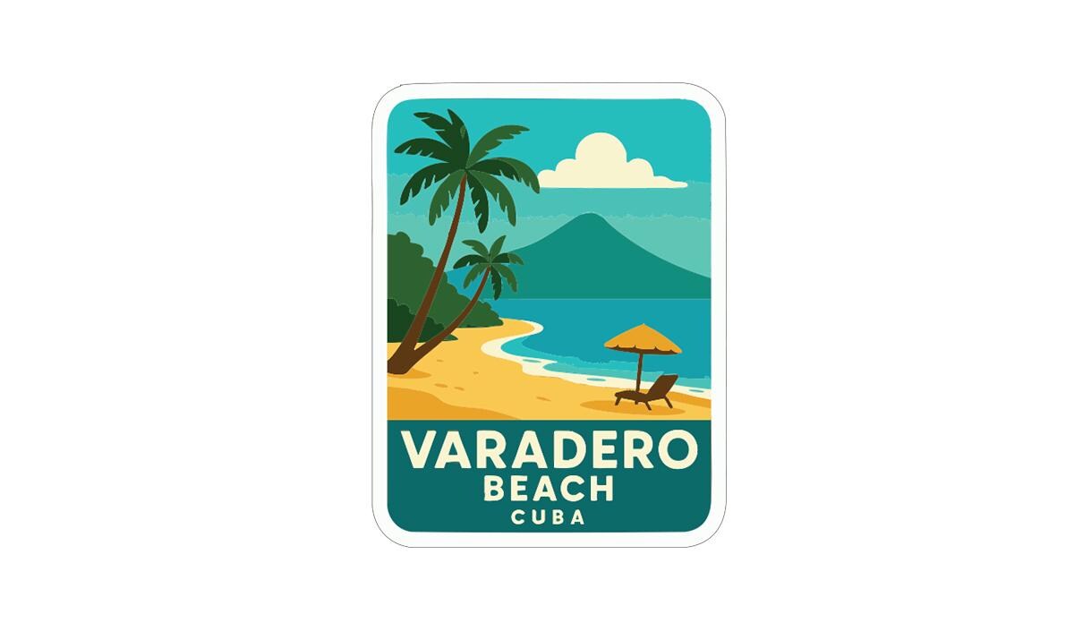 A sticker depicting a tropical beach scene with palm trees, a beach umbrella, and a mountain in the background.
