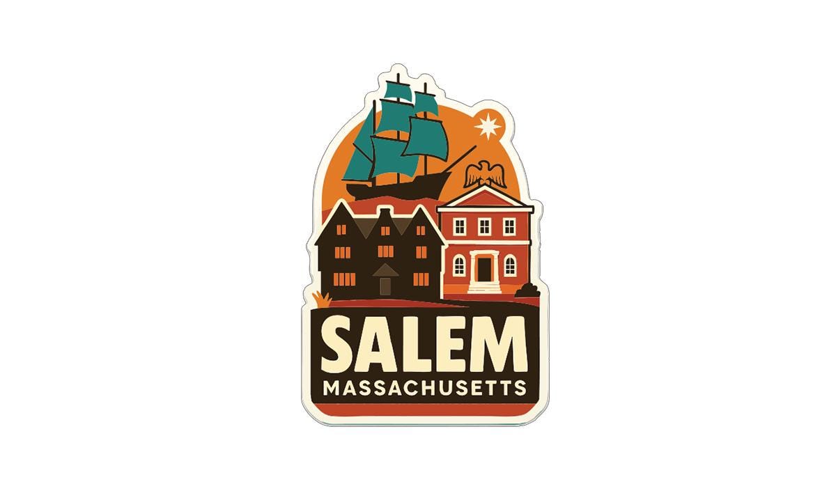 A stylized sticker or emblem featuring a sailboat, buildings, and the text "Salem Massachusetts".