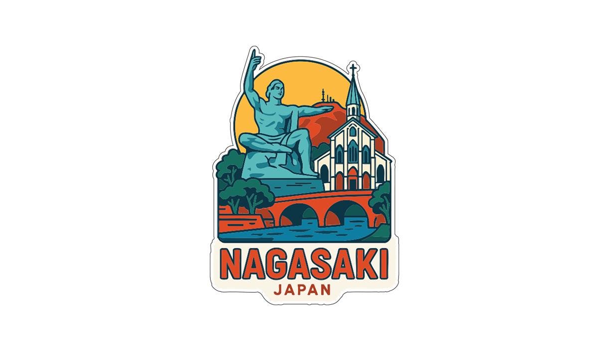 A sticker or illustration depicting a statue of a man with his arms raised, surrounded by various landmarks and scenery in Nagasaki, Japan.