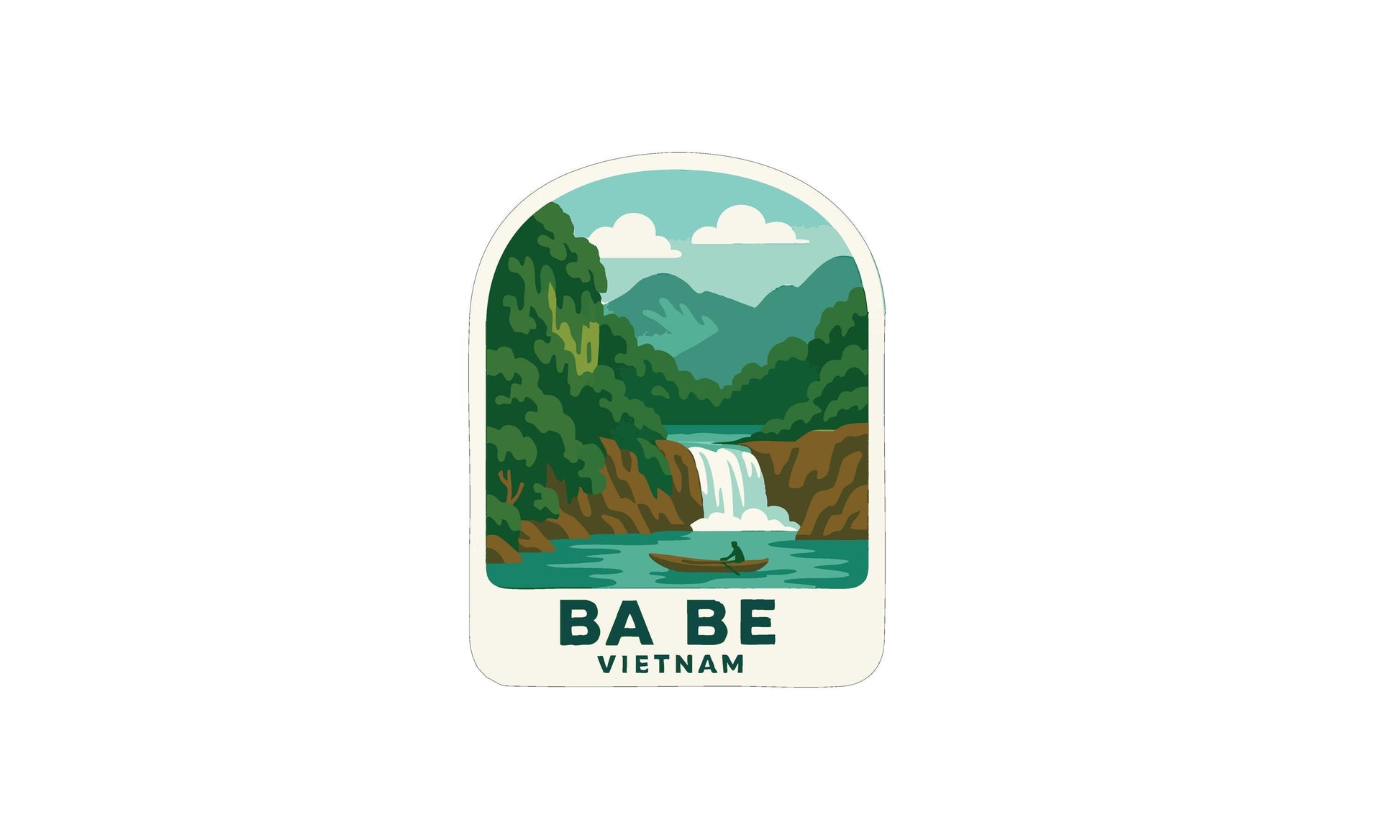 A sticker depicting a scenic landscape with a waterfall, boats, and mountains in Vietnam.