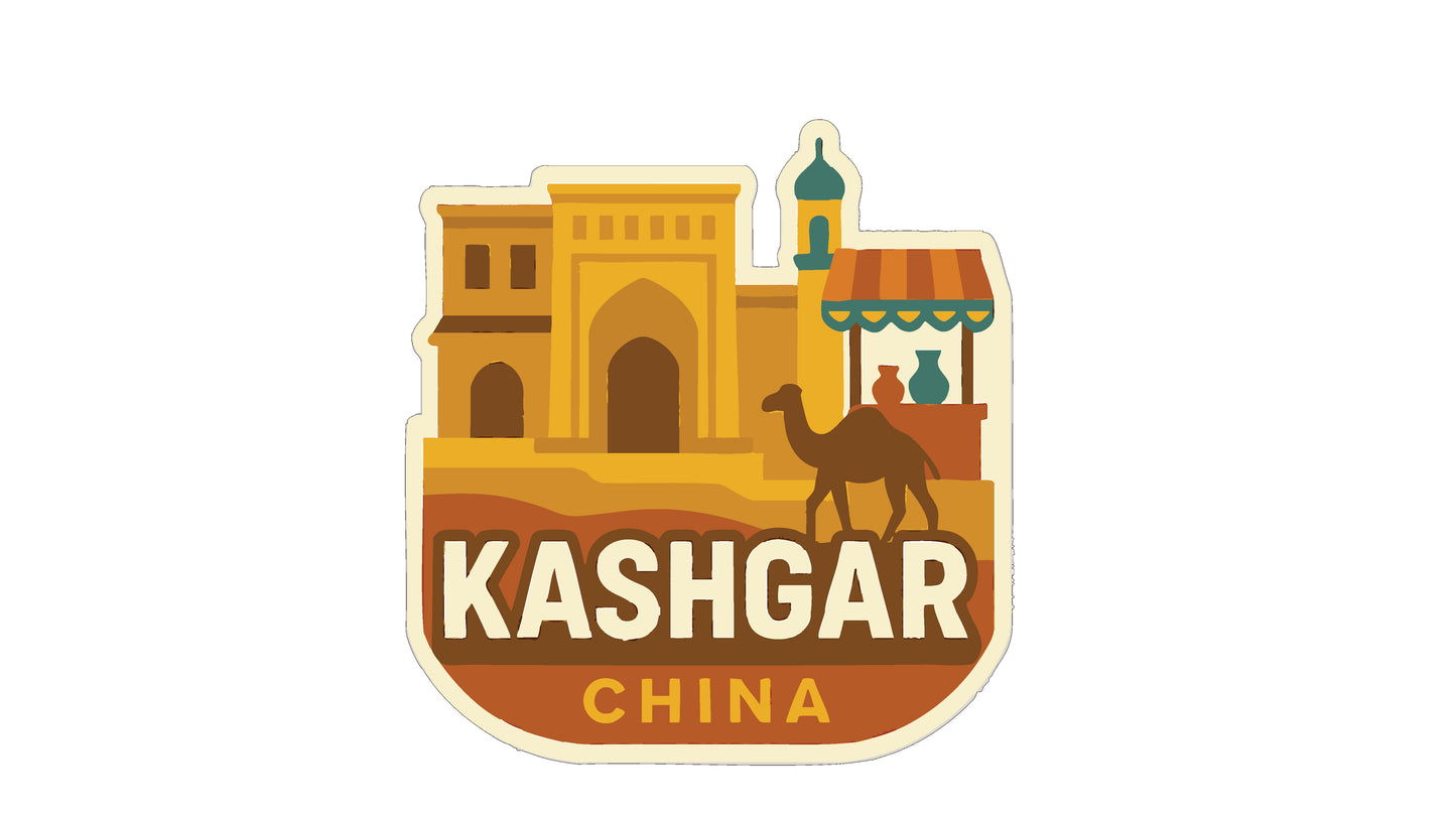 A sticker or emblem featuring the city of Kashgar, China, with a camel and traditional architecture.