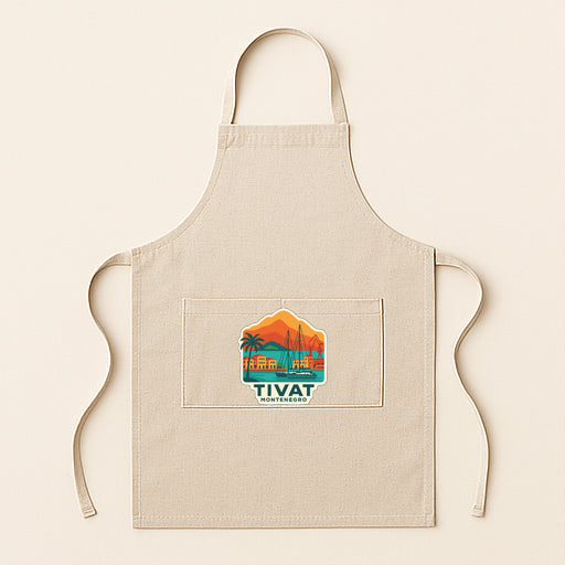 A beige apricot with a graphic design featuring a tropical landscape and the word 'TIVAT' printed on it.