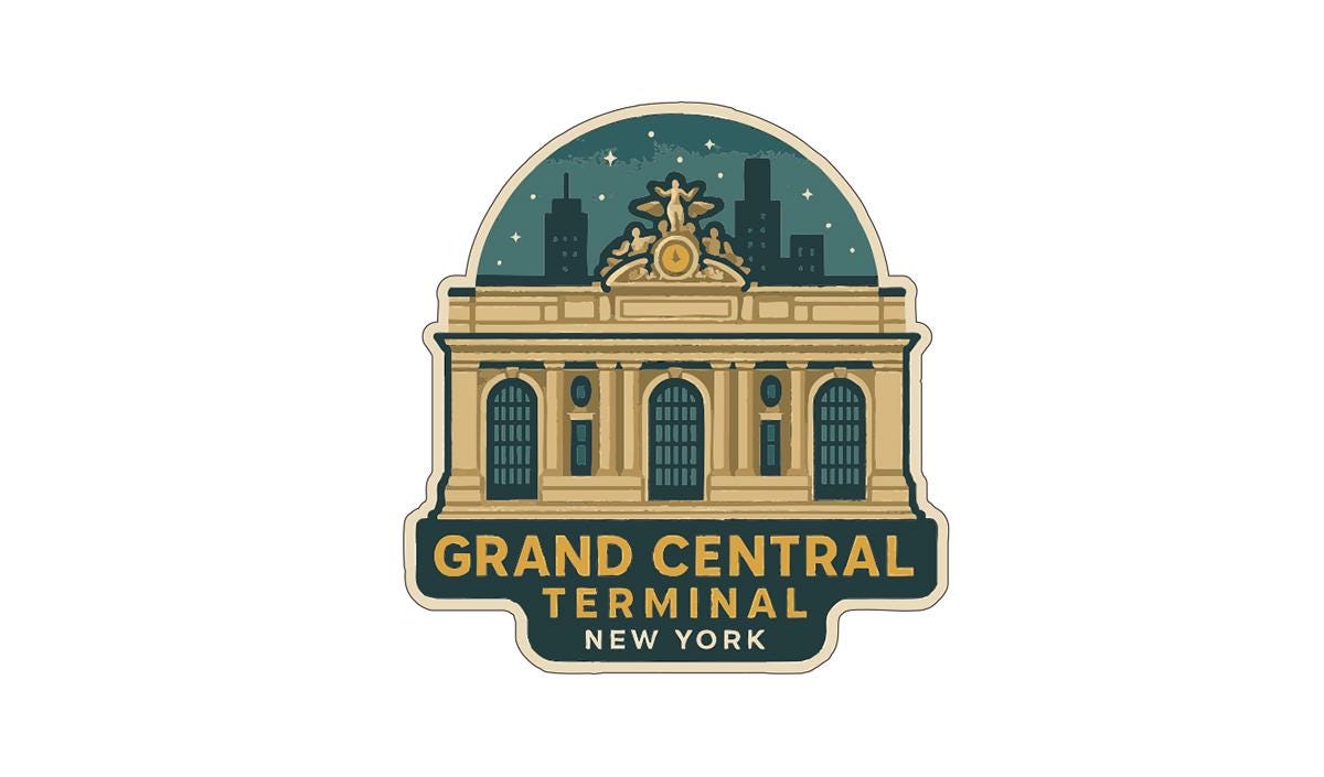 a stylized illustration of the Grand Central Terminal in New York, with a city skyline in the background and a decorative element above the terminal.