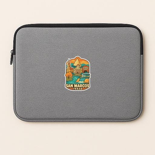 A gray laptop sleeve with a sticker of a cityscape and the text "SAN MARCOS TEXAS" printed on it.