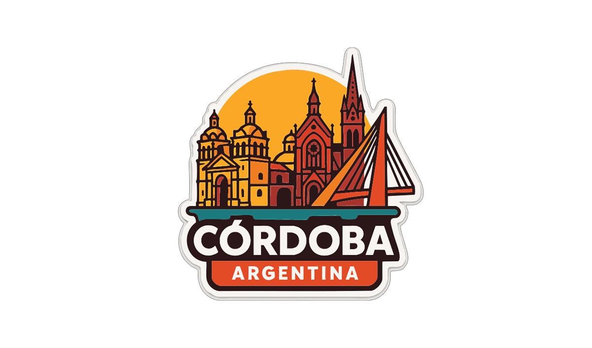 a stylized illustration of the city of Cordoba, Argentina, with various architectural elements such as churches, spires, and a bridge.