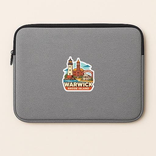 A gray laptop sleeve with a sticker depicting a lighthouse and the text "WARWICK, RIO DE JANEIRO, RIO DE JANEIRO" printed on it.