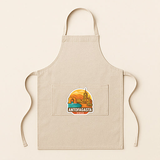 A beige apricot with a graphic of a city skyline and the text "ANTOFAGASTA" printed on it.