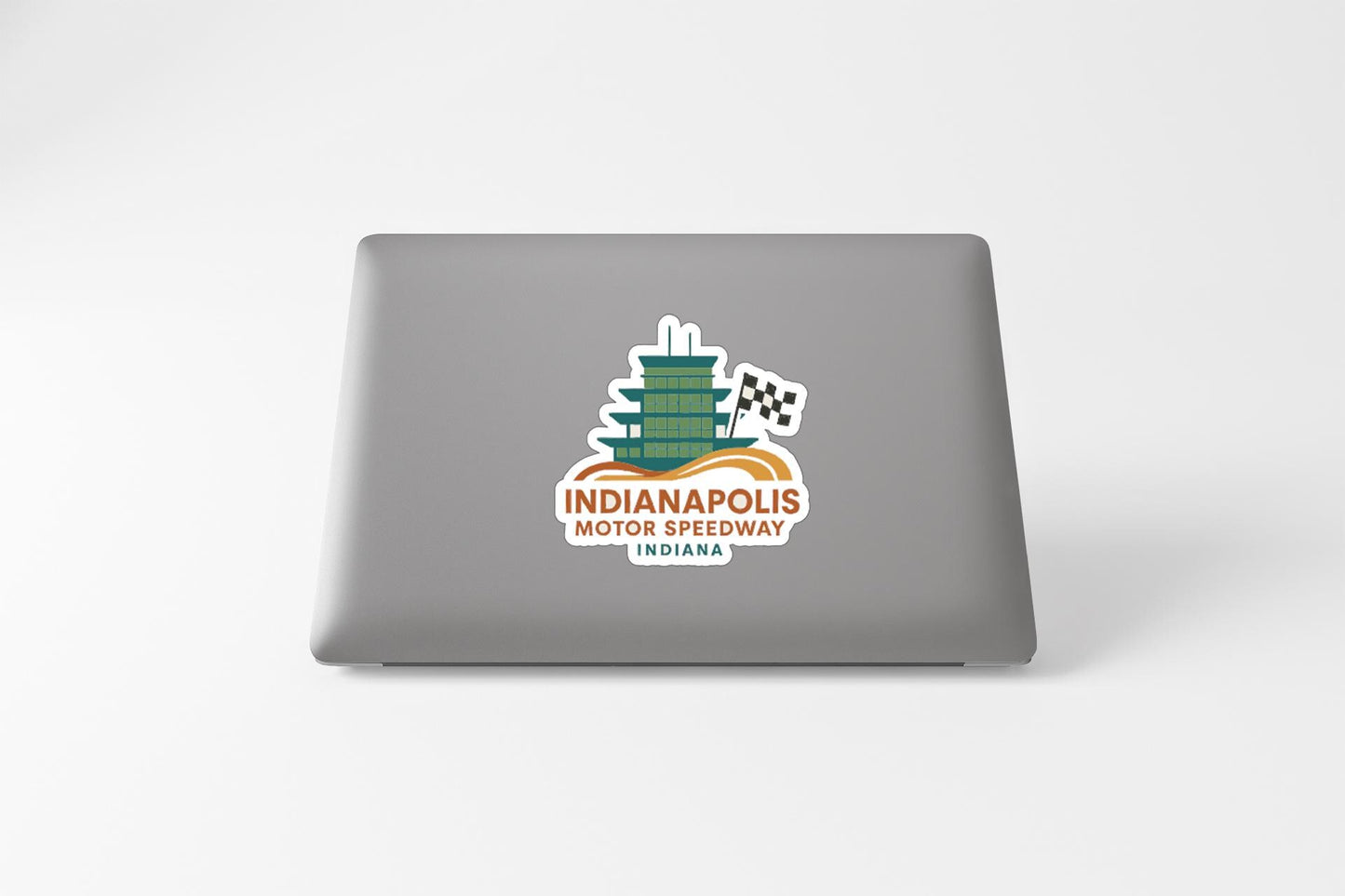 a sticker on the back of a laptop that displays the logo for Indiana Motor Speedway in Indianapolis, Indiana.