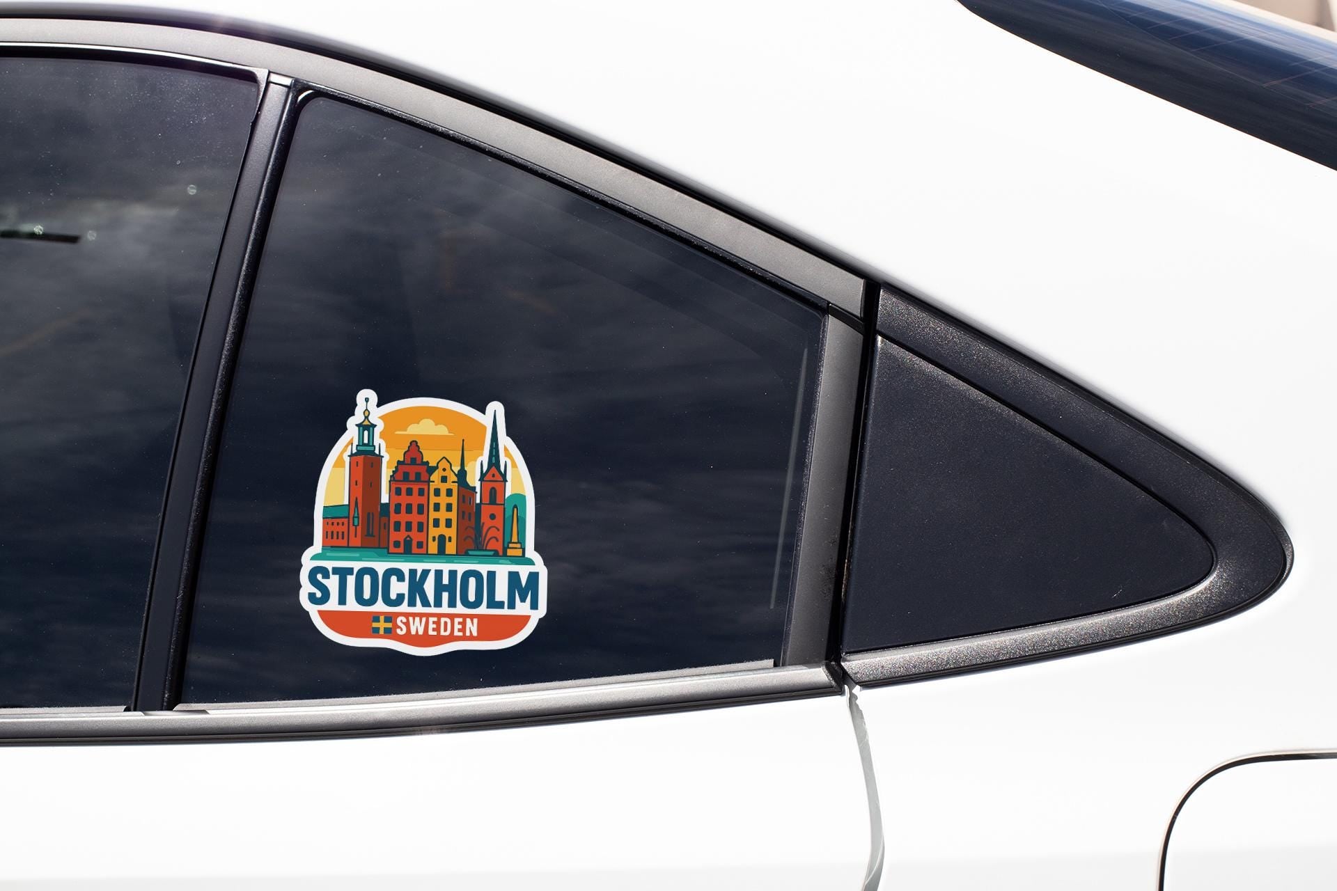 A sticker on the side of a car window, depicting the city of Stockholm, Sweden.