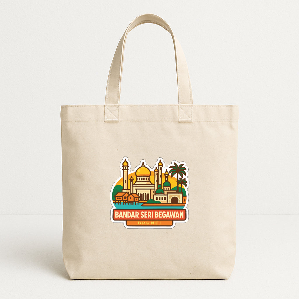 A beige tote bag with a printed design depicting a city skyline and the text "BANDAR SERI BEGAWAN BRUNEI" printed on it.
