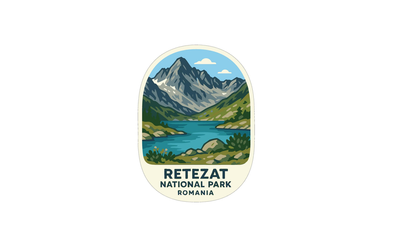 a logo for the Retezat National Park in Romania. The logo depicts a scenic mountain landscape with a lake or river in the foreground, surrounded by lush vegetation.