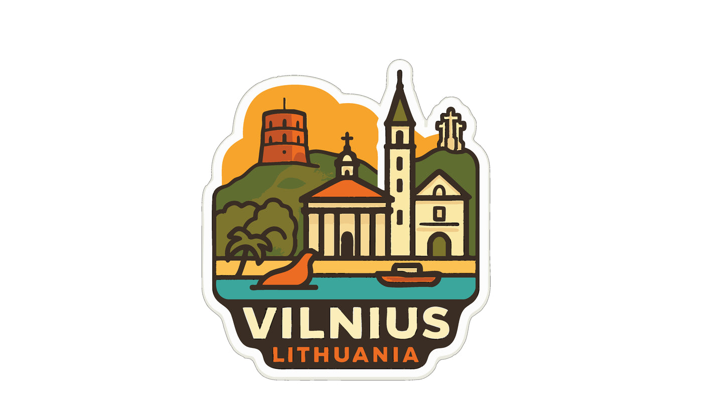 A sticker depicting the city of Vilnius, Lithuania, with various landmarks and buildings, including a church, a lighthouse, and a castle.