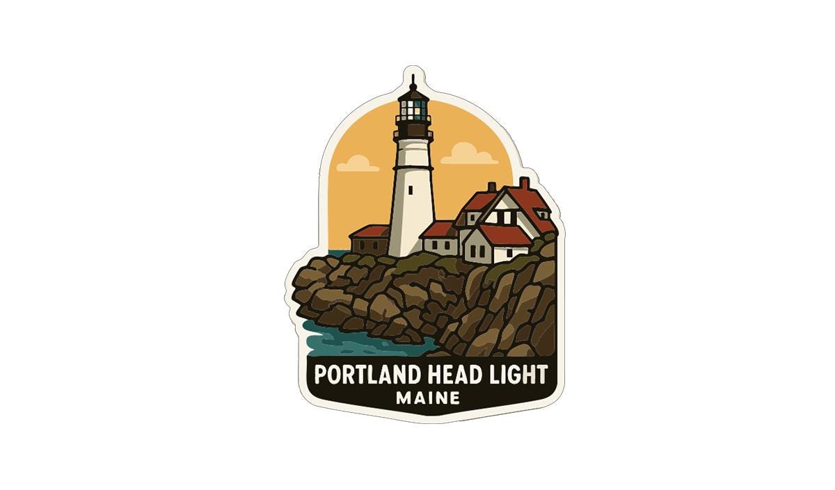 A sticker depicting the Portland Head Light lighthouse in Maine, with a coastal landscape and a cloudy sky in the background.