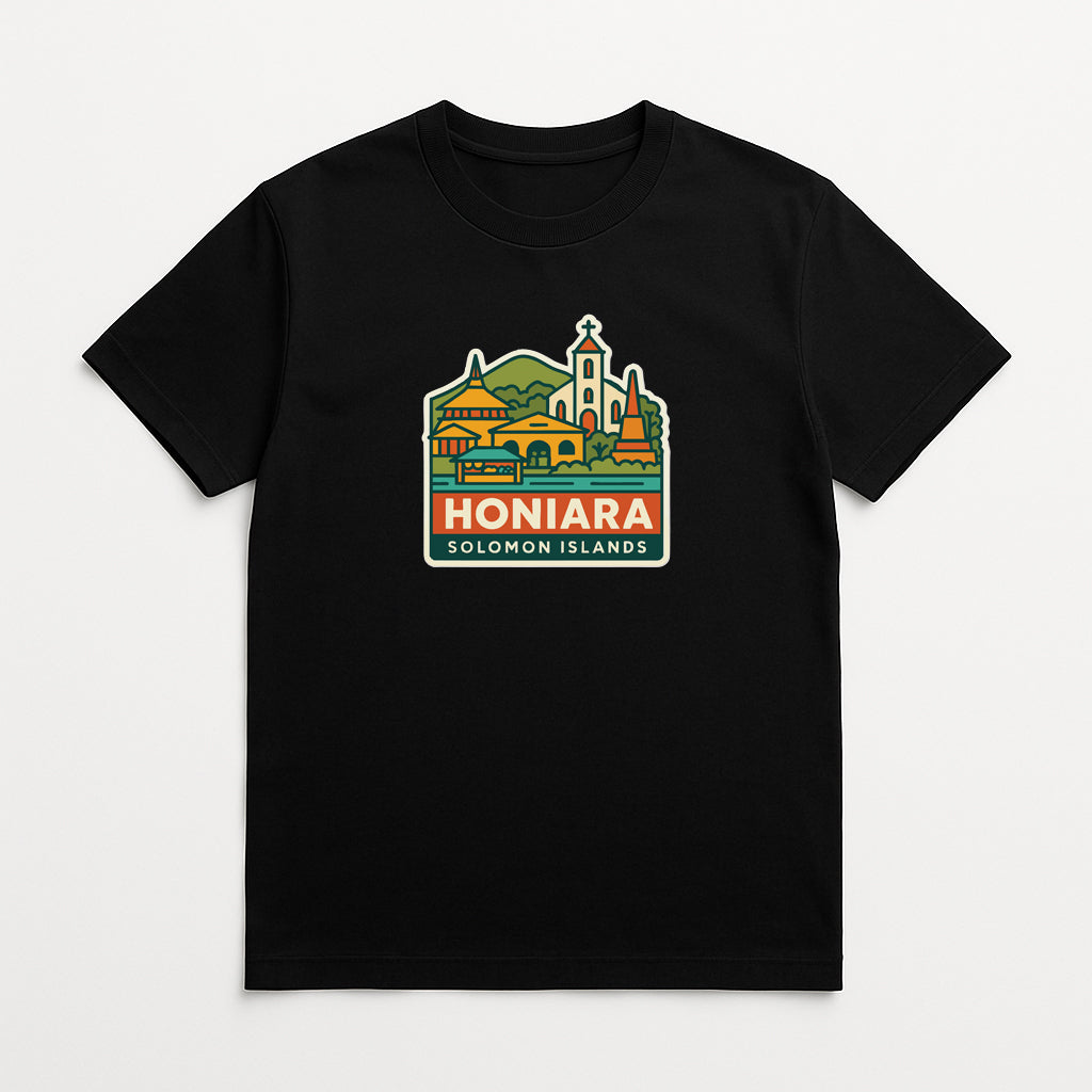 A black t-shirt with a graphic design depicting a cityscape and the text "HONIARA SOLOMON ISLANDS" printed on it.