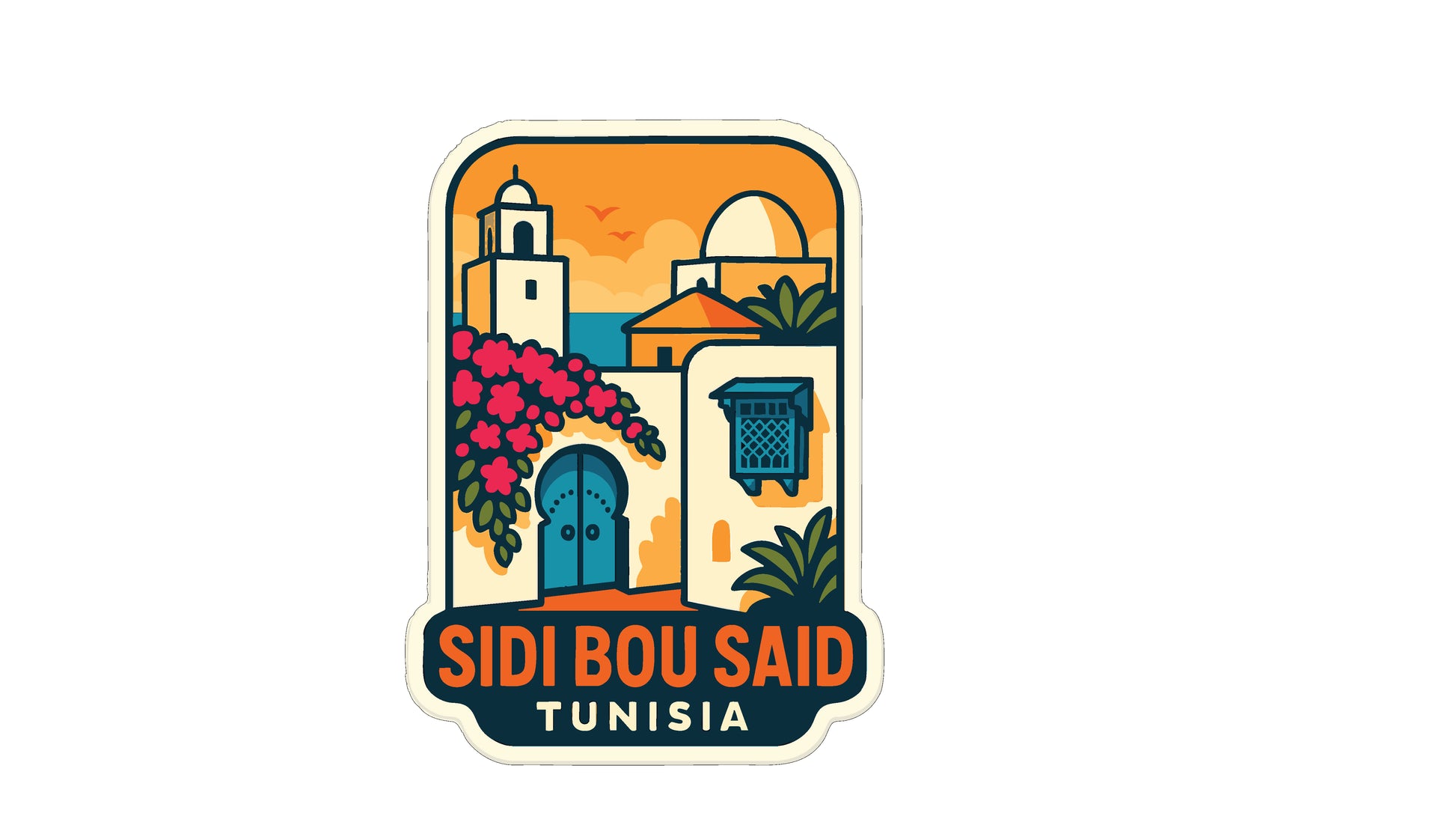 The image is a sticker or label featuring a colorful illustration of a building with a dome, surrounded by flowers and palm trees, with the text "SIDI BOU SAID TUNISIA" prominently displayed.