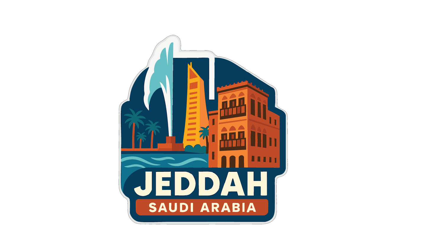 a stylized illustration of a cityscape with a tall building, palm trees, and a body of water, representing the city of Jeddah, Saudi Arabia.