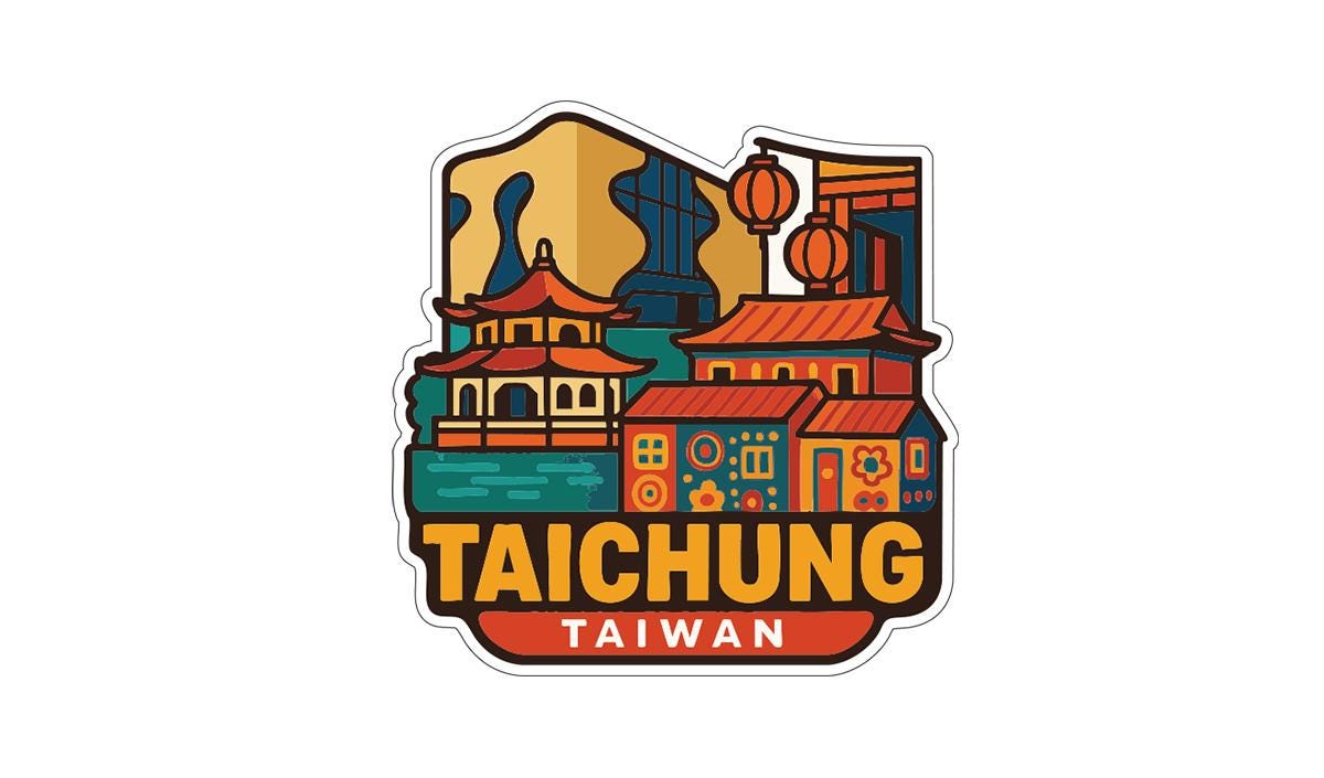 a colorful illustration of the Taipei skyline, including traditional Chinese architecture and modern skyscrapers, with the text "TAICHUNG TAIWAN" prominently displayed.