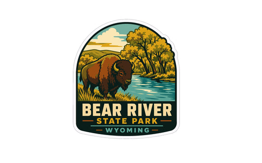 a bison in a grassy field near a river, with trees and a cloudy sky in the background.