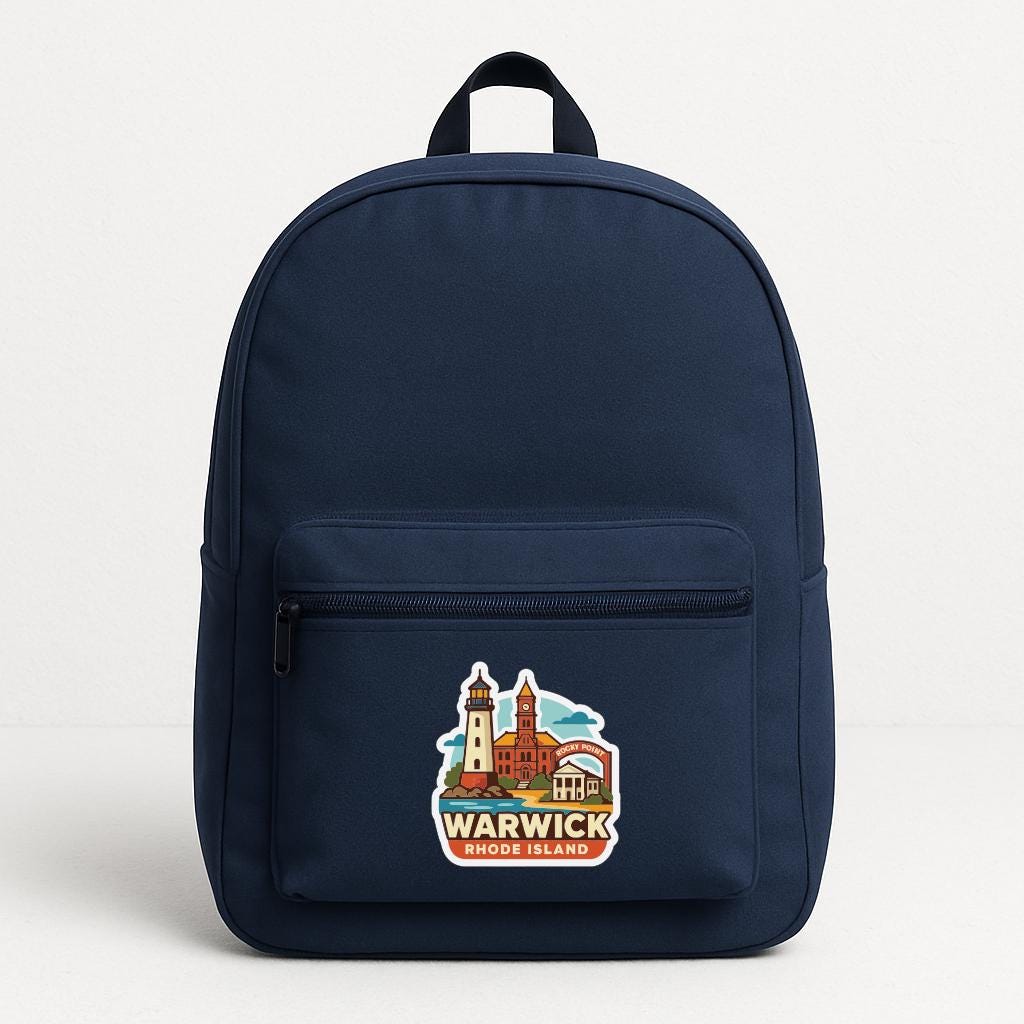 A navy blue backpack with a sticker on the front that says "WARWICK RHD ISLAND".
